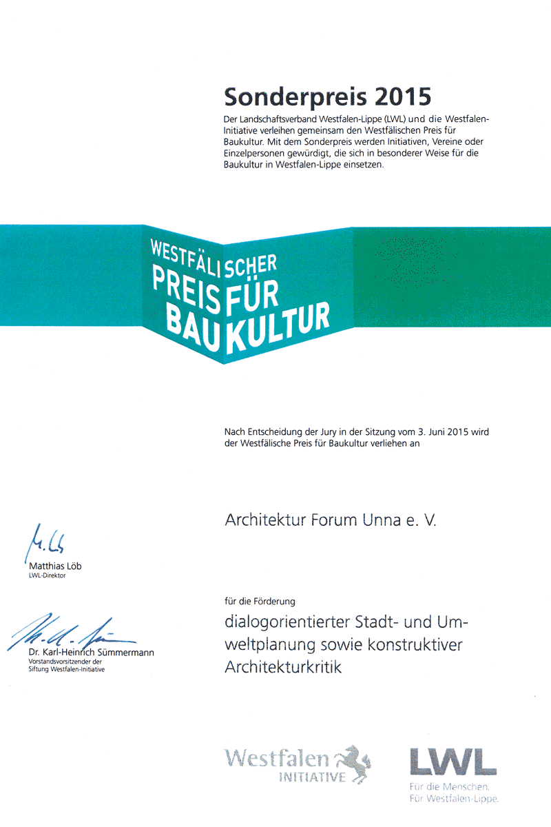 Urkunde Sonderpreis: Westfälischer Preis für Baukultur 2015